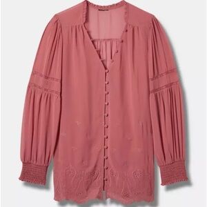 Torrid Mauve Chiffon Smocked Collar Embroidered Eyelet Long Sleeve Blouse Top